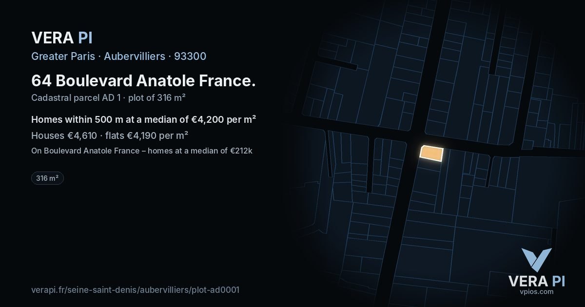 64 Boulevard Anatole France, Aubervilliers at night – the plot lit, the parcels around coloured by the prices near them
