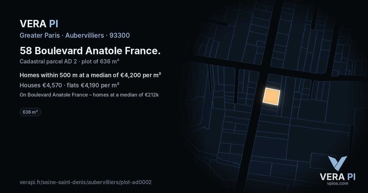 58 Boulevard Anatole France, Aubervilliers at night – the plot lit, the parcels around coloured by the prices near them
