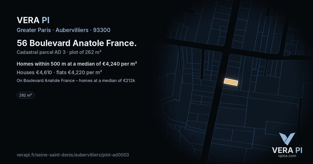 56 Boulevard Anatole France, Aubervilliers at night – the plot lit, the parcels around coloured by the prices near them