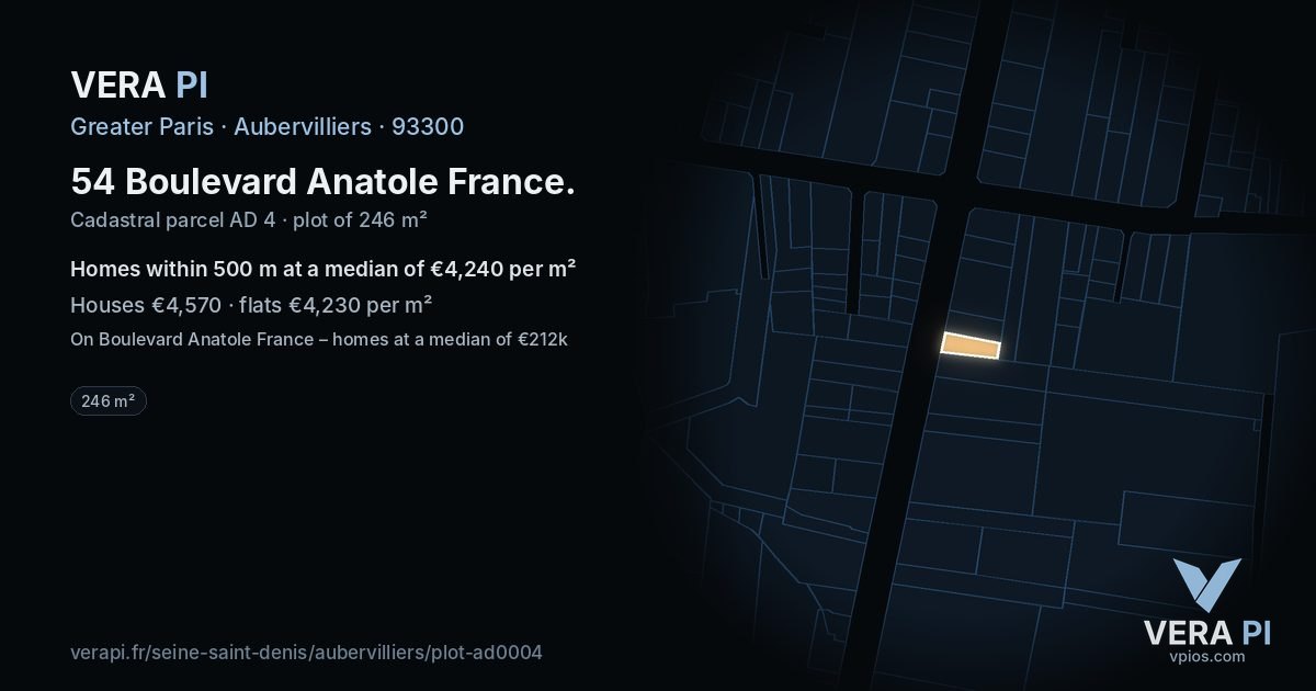 54 Boulevard Anatole France, Aubervilliers at night – the plot lit, the parcels around coloured by the prices near them