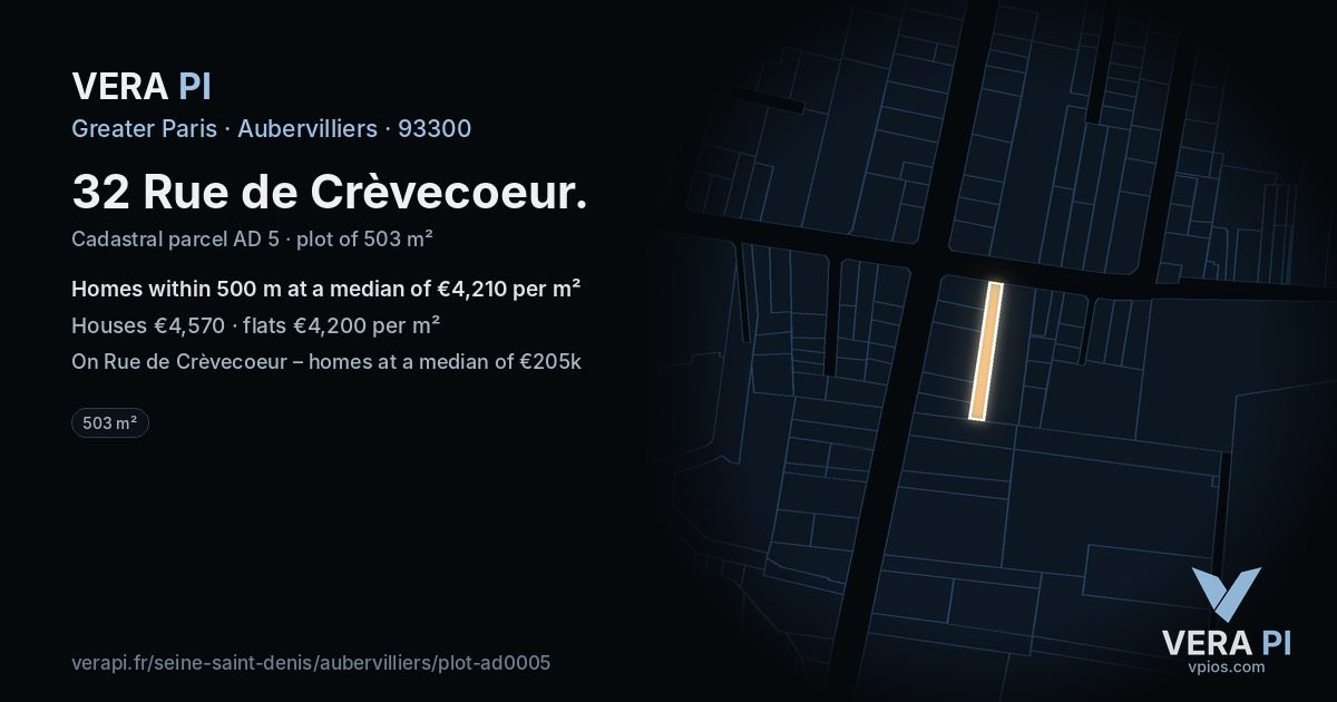 32 Rue de Crèvecoeur, Aubervilliers at night – the plot lit, the parcels around coloured by the prices near them