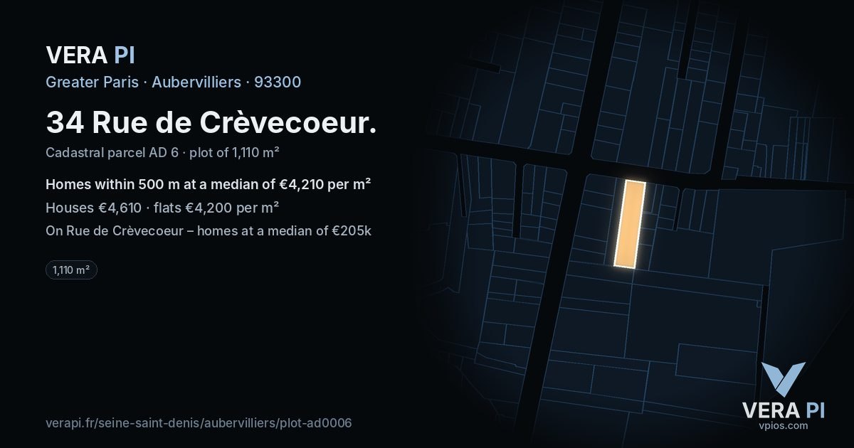 34 Rue de Crèvecoeur, Aubervilliers at night – the plot lit, the parcels around coloured by the prices near them