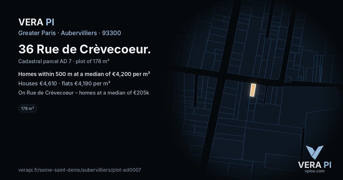 36 Rue de Crèvecoeur, Aubervilliers at night – the plot lit, the parcels around coloured by the prices near them