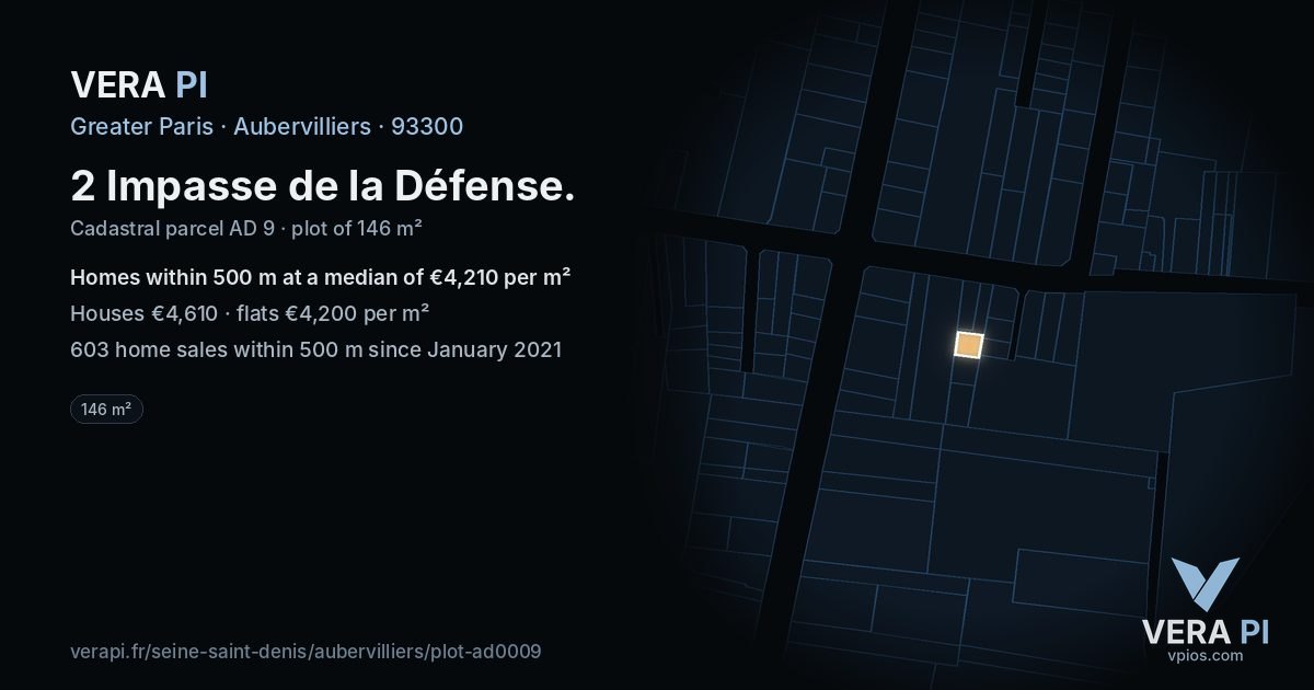 2 Impasse de la Défense, Aubervilliers at night – the plot lit, the parcels around coloured by the prices near them