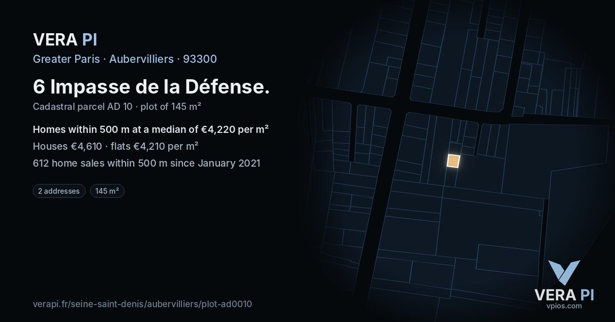 6 Impasse de la Défense, Aubervilliers at night – the plot lit, the parcels around coloured by the prices near them