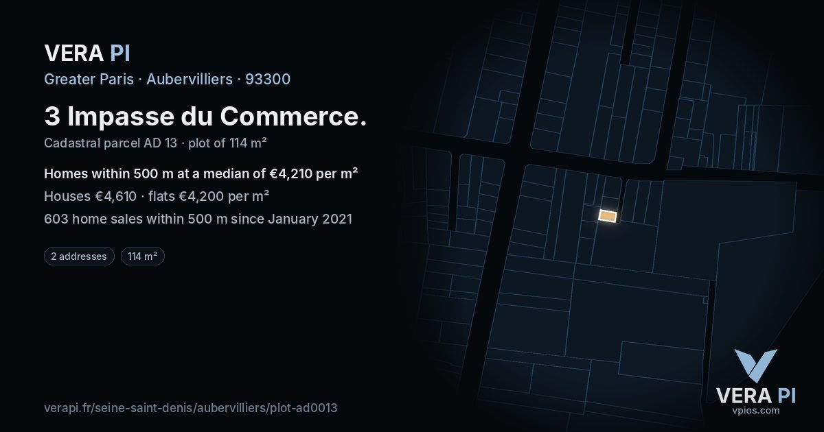 3 Impasse du Commerce, Aubervilliers at night – the plot lit, the parcels around coloured by the prices near them