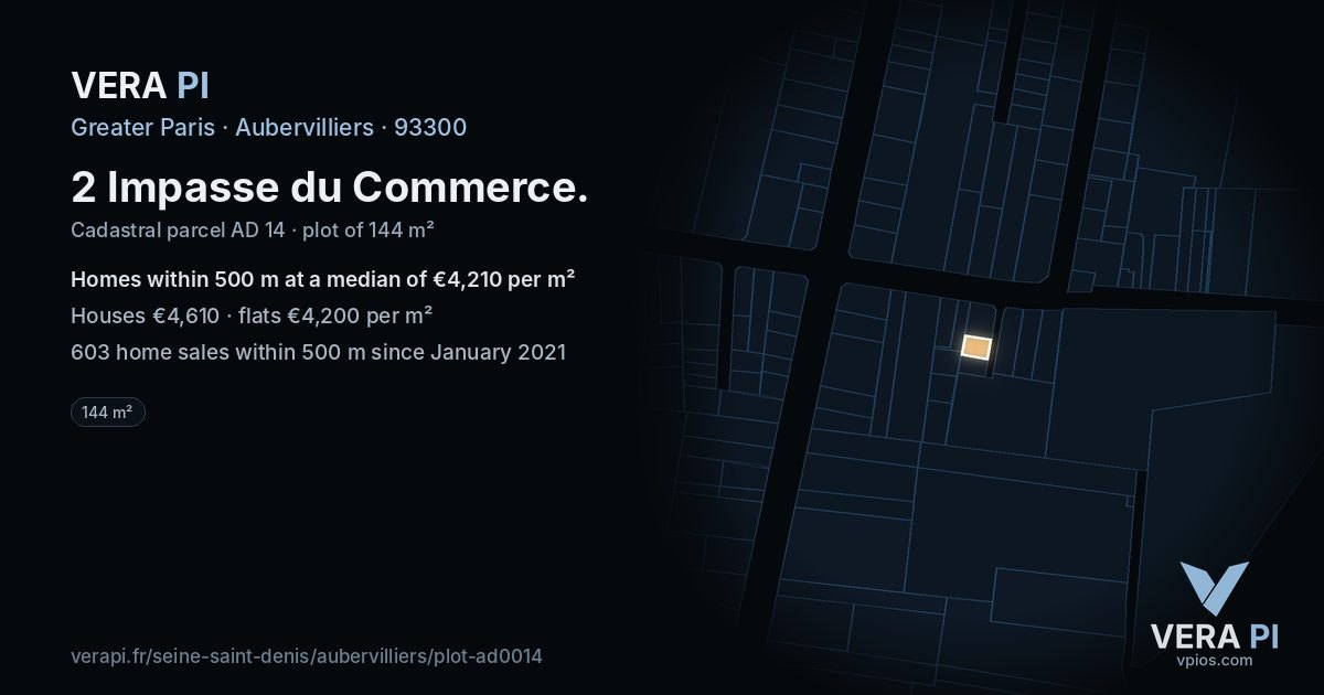 2 Impasse du Commerce, Aubervilliers at night – the plot lit, the parcels around coloured by the prices near them
