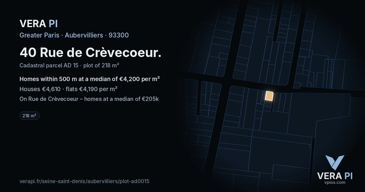 40 Rue de Crèvecoeur, Aubervilliers at night – the plot lit, the parcels around coloured by the prices near them