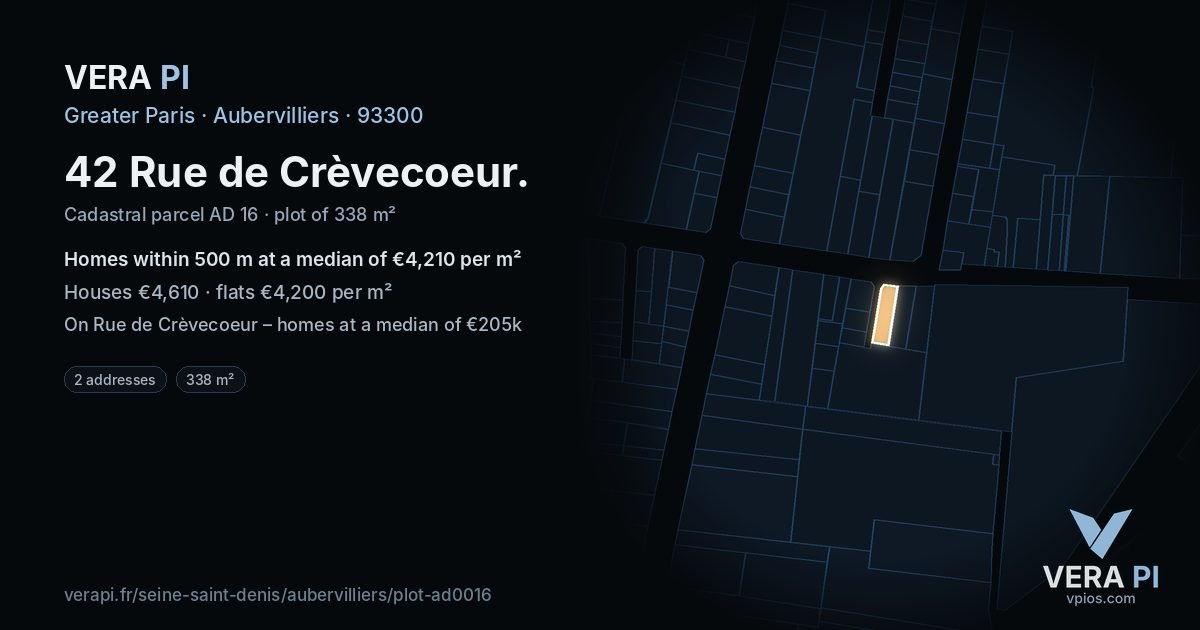 42 Rue de Crèvecoeur, Aubervilliers at night – the plot lit, the parcels around coloured by the prices near them
