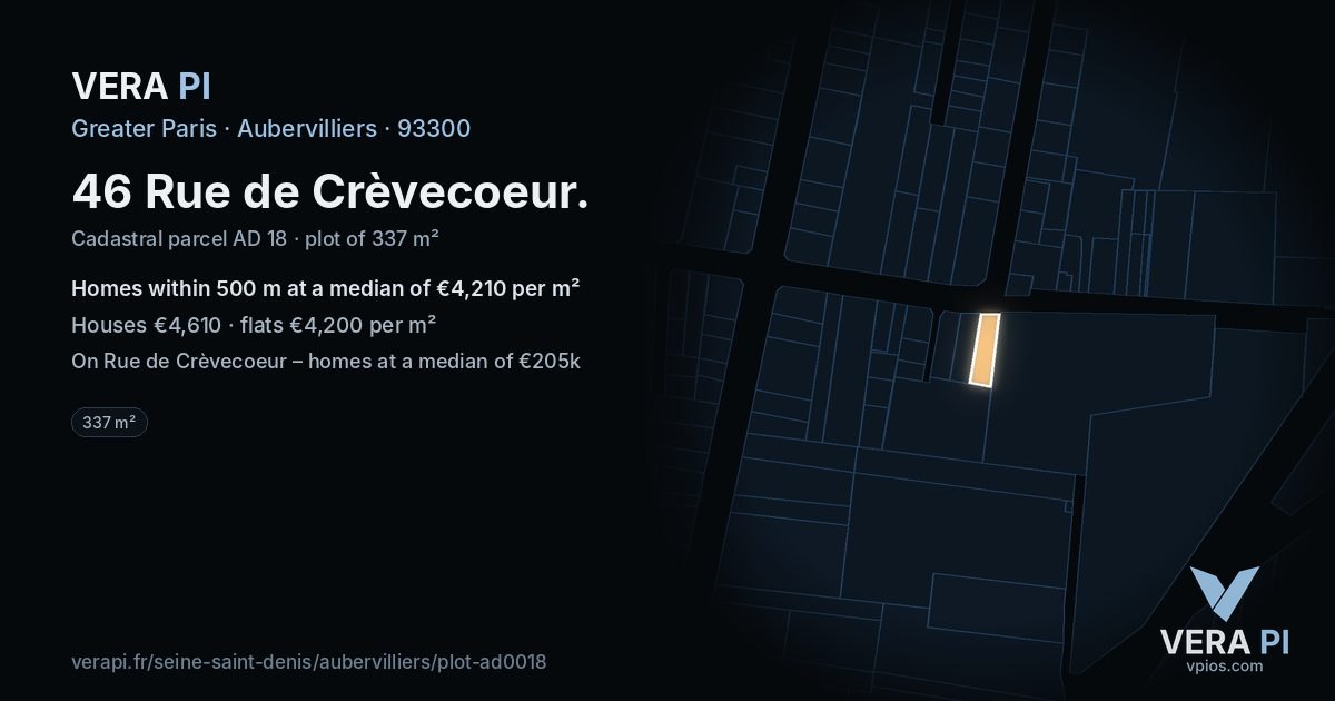 46 Rue de Crèvecoeur, Aubervilliers at night – the plot lit, the parcels around coloured by the prices near them