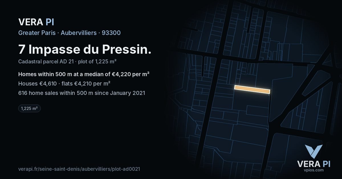 7 Impasse du Pressin, Aubervilliers at night – the plot lit, the parcels around coloured by the prices near them