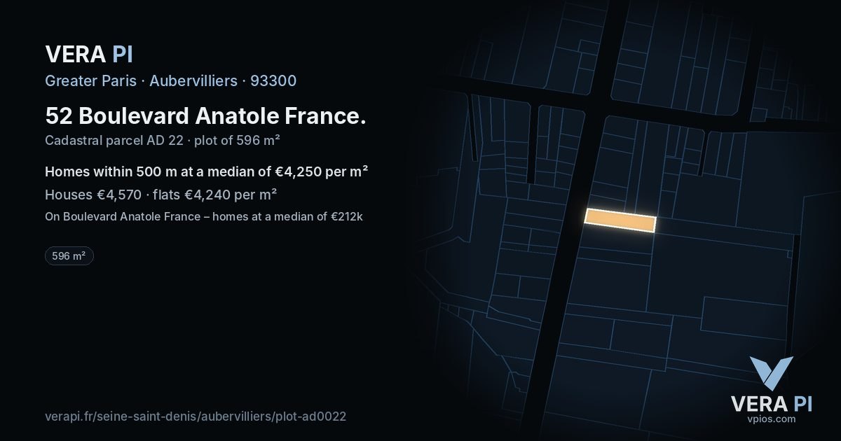 52 Boulevard Anatole France, Aubervilliers at night – the plot lit, the parcels around coloured by the prices near them