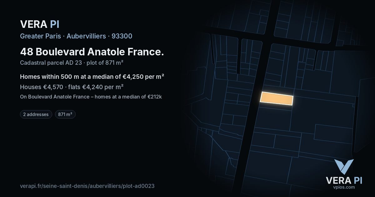 48 Boulevard Anatole France, Aubervilliers at night – the plot lit, the parcels around coloured by the prices near them