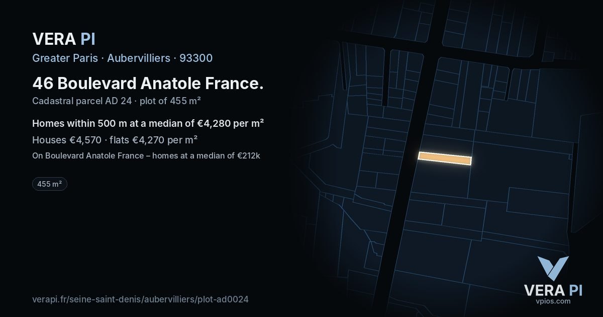 46 Boulevard Anatole France, Aubervilliers at night – the plot lit, the parcels around coloured by the prices near them