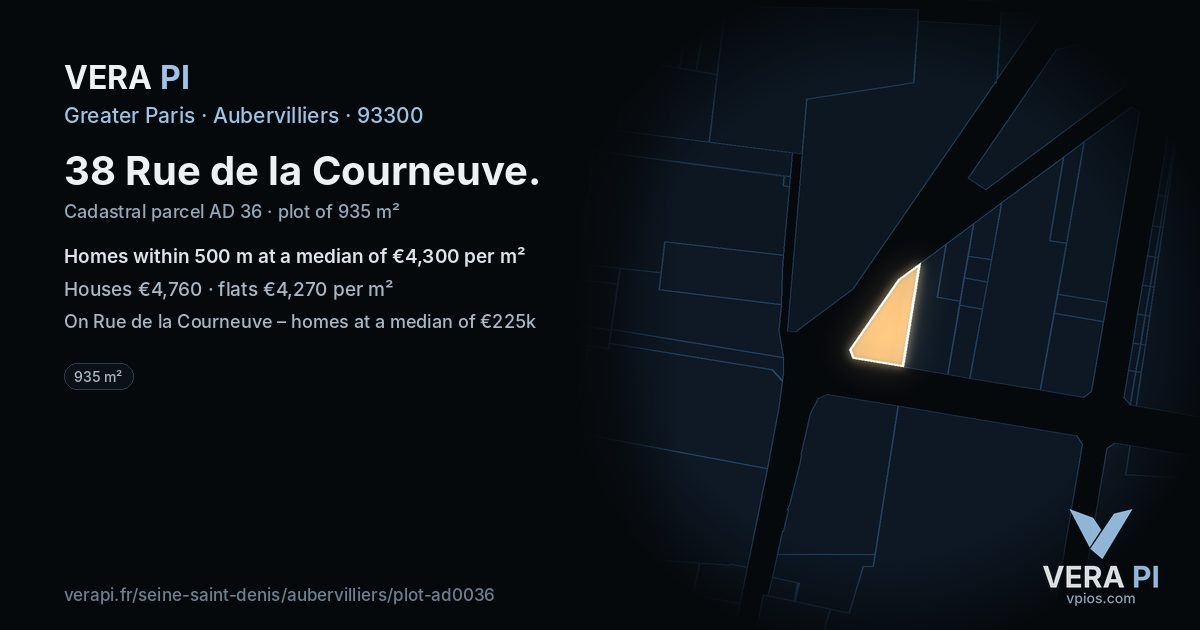 38 Rue de la Courneuve, Aubervilliers at night – the plot lit, the parcels around coloured by the prices near them