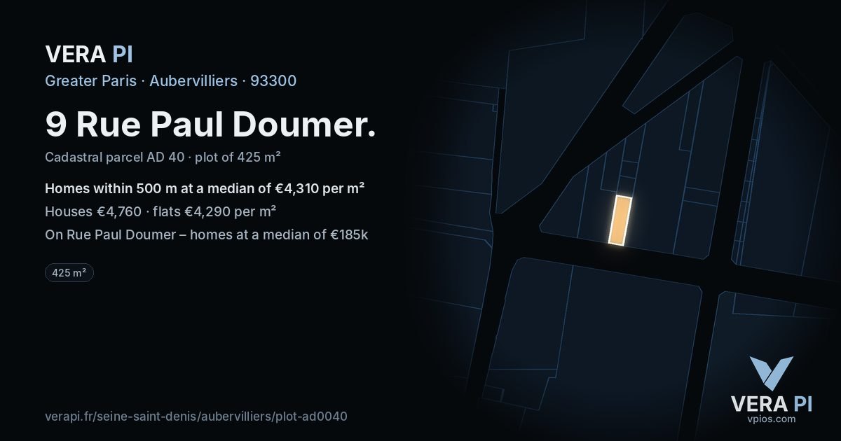 9 Rue Paul Doumer, Aubervilliers at night – the plot lit, the parcels around coloured by the prices near them