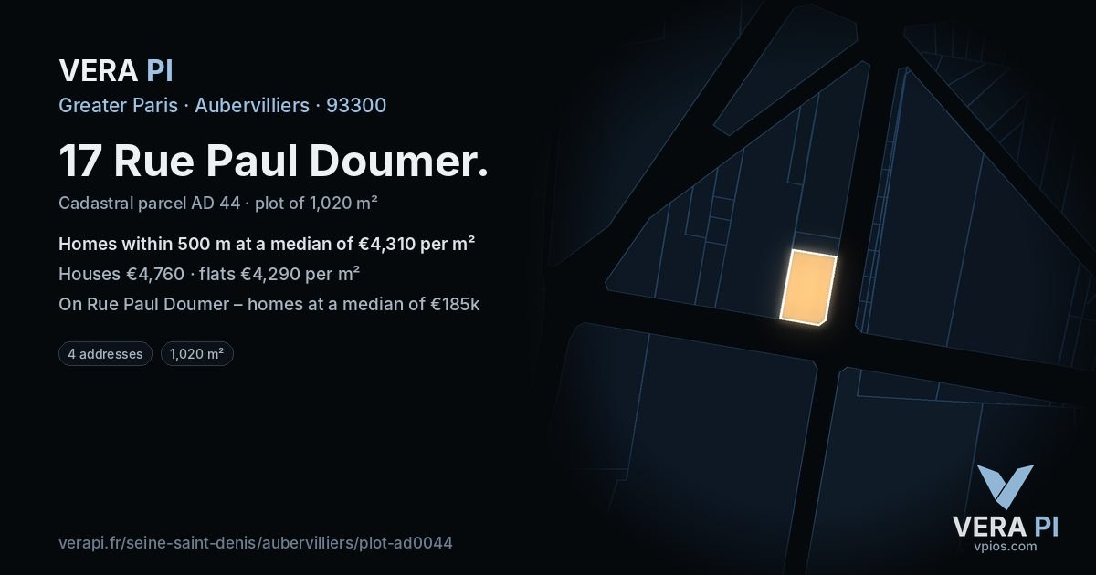 17 Rue Paul Doumer, Aubervilliers at night – the plot lit, the parcels around coloured by the prices near them
