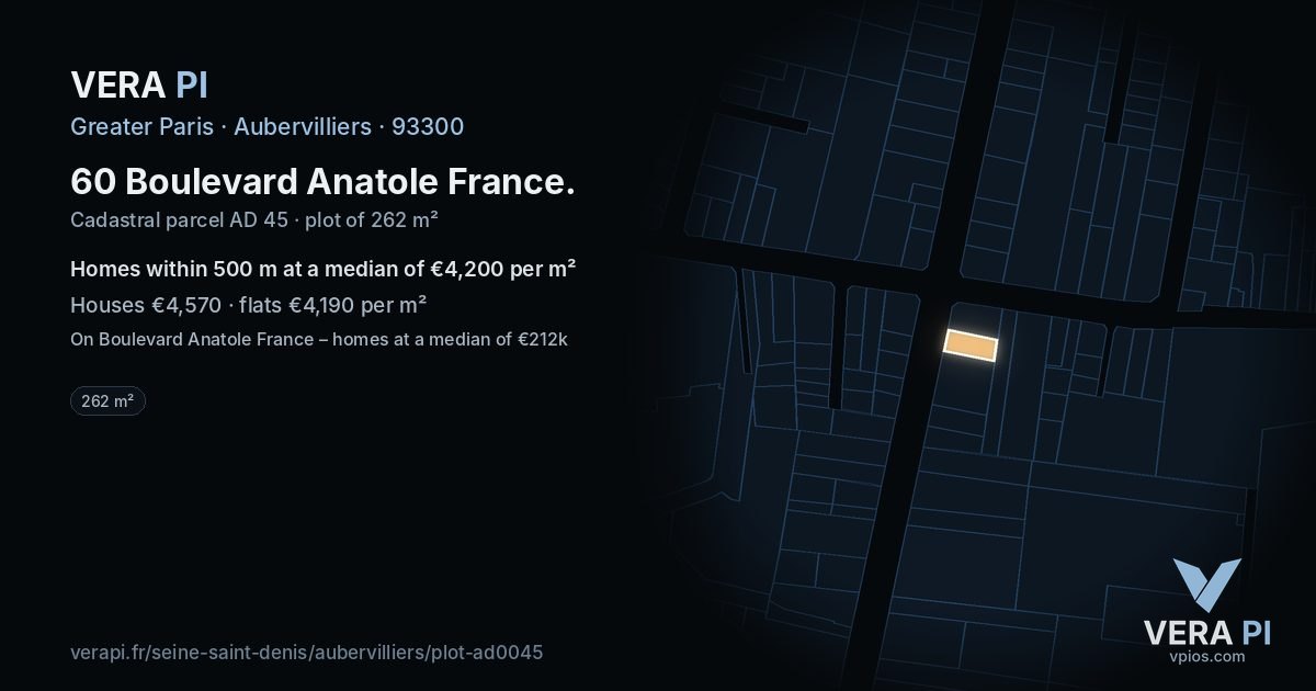 60 Boulevard Anatole France, Aubervilliers at night – the plot lit, the parcels around coloured by the prices near them