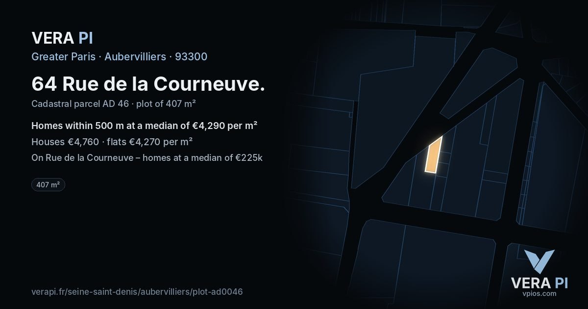 64 Rue de la Courneuve, Aubervilliers at night – the plot lit, the parcels around coloured by the prices near them