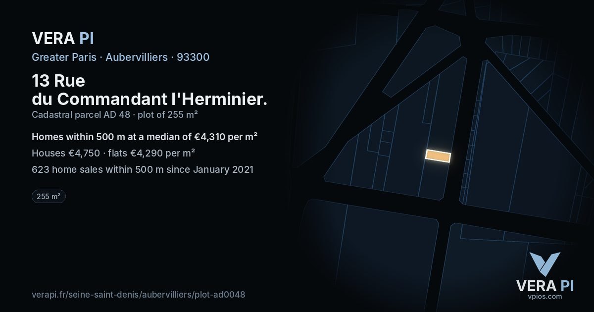13 Rue du Commandant l'Herminier, Aubervilliers at night – the plot lit, the parcels around coloured by the prices near them