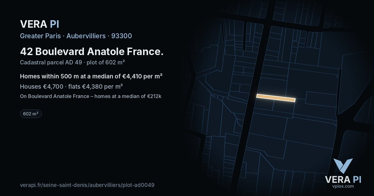 42 Boulevard Anatole France, Aubervilliers at night – the plot lit, the parcels around coloured by the prices near them