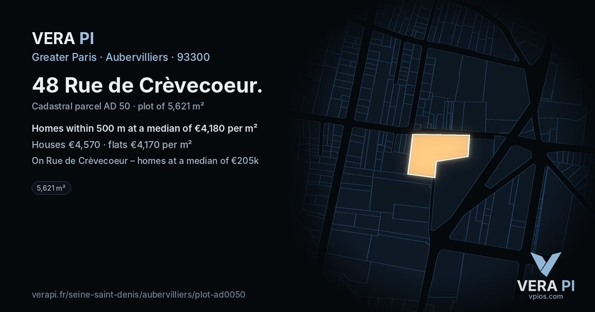48 Rue de Crèvecoeur, Aubervilliers at night – the plot lit, the parcels around coloured by the prices near them