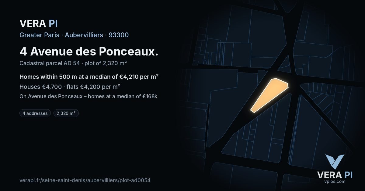 4 Avenue des Ponceaux, Aubervilliers at night – the plot lit, the parcels around coloured by the prices near them