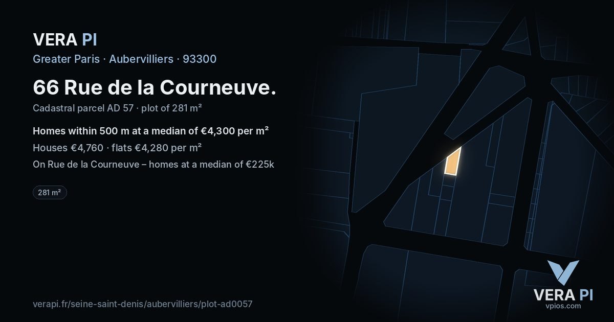 66 Rue de la Courneuve, Aubervilliers at night – the plot lit, the parcels around coloured by the prices near them