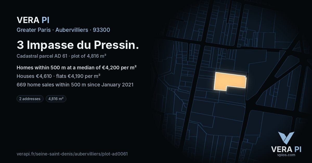3 Impasse du Pressin, Aubervilliers at night – the plot lit, the parcels around coloured by the prices near them