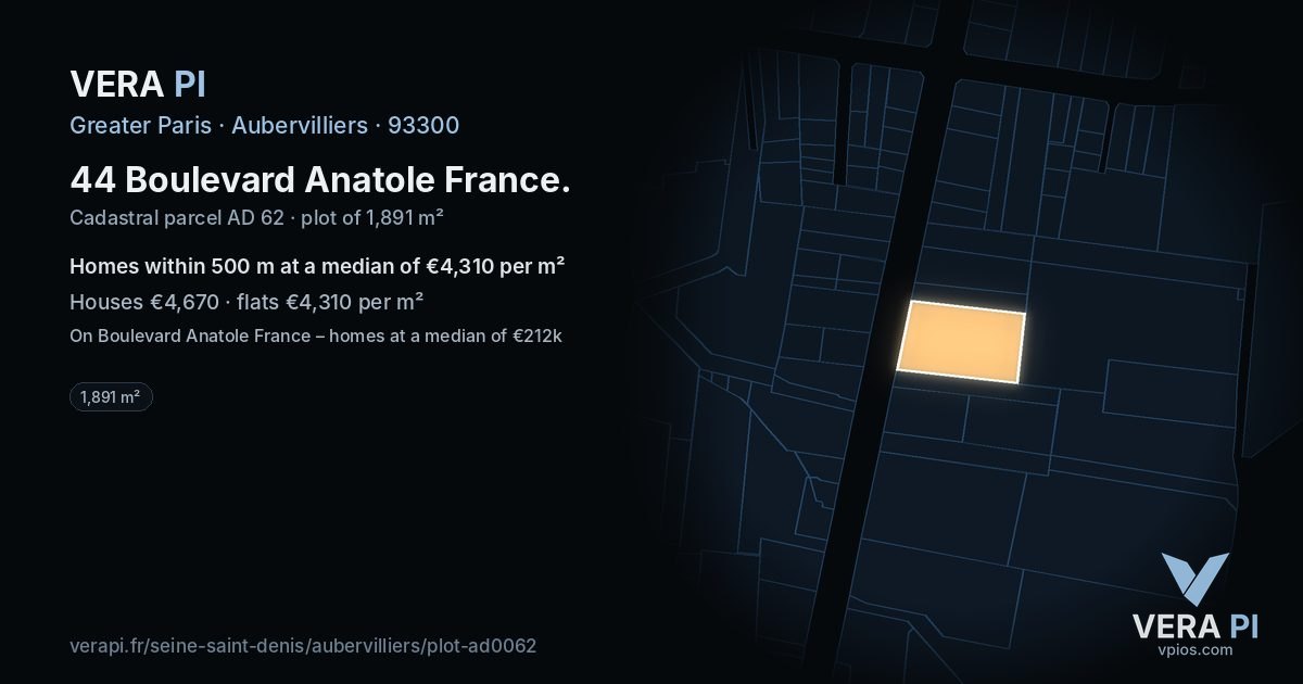 44 Boulevard Anatole France, Aubervilliers at night – the plot lit, the parcels around coloured by the prices near them