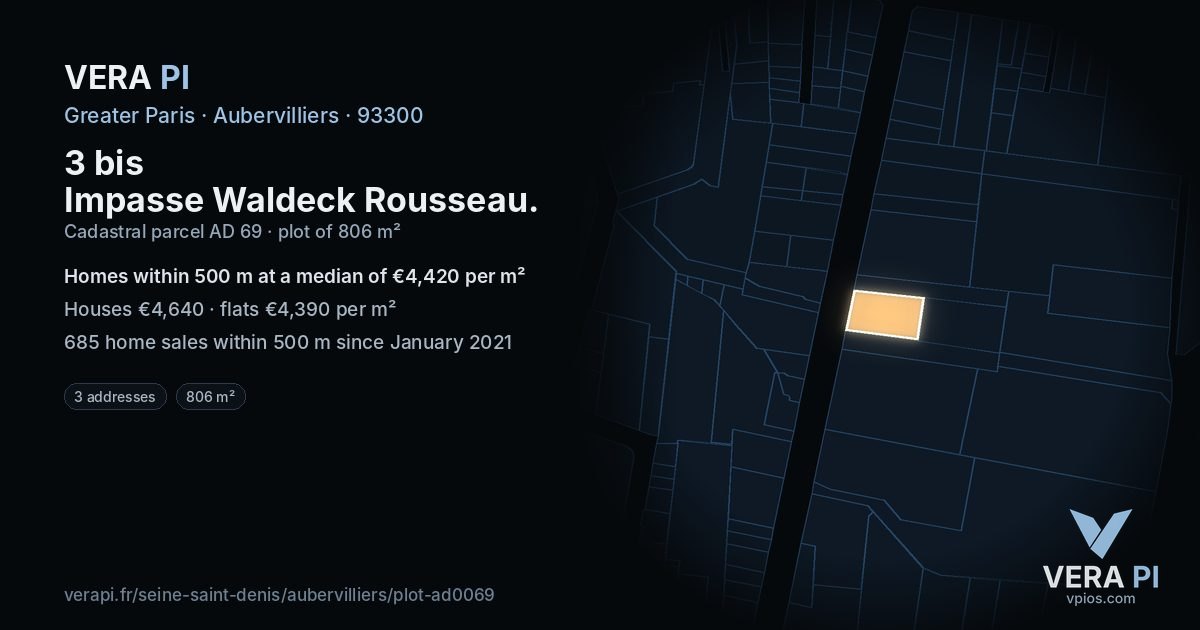 3 bis Impasse Waldeck Rousseau, Aubervilliers at night – the plot lit, the parcels around coloured by the prices near them