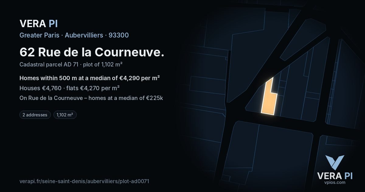 62 Rue de la Courneuve, Aubervilliers at night – the plot lit, the parcels around coloured by the prices near them