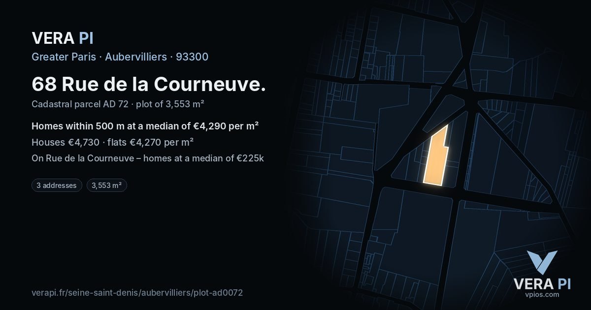 68 Rue de la Courneuve, Aubervilliers at night – the plot lit, the parcels around coloured by the prices near them