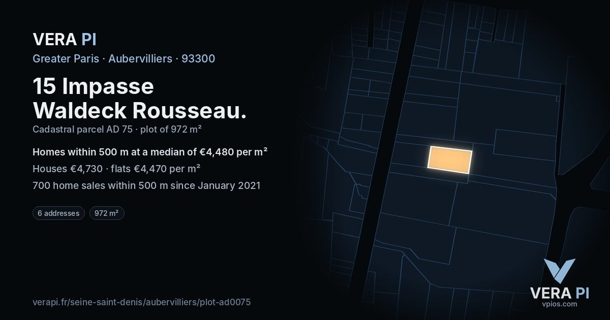 15 Impasse Waldeck Rousseau, Aubervilliers at night – the plot lit, the parcels around coloured by the prices near them