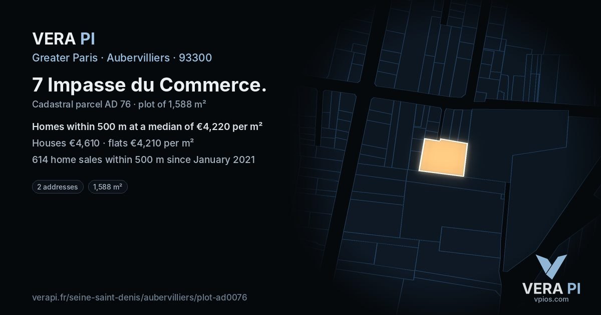 7 Impasse du Commerce, Aubervilliers at night – the plot lit, the parcels around coloured by the prices near them