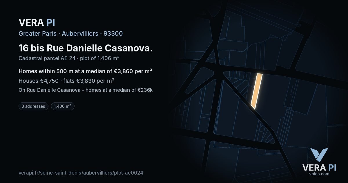 16 bis Rue Danielle Casanova, Aubervilliers at night – the plot lit, the parcels around coloured by the prices near them