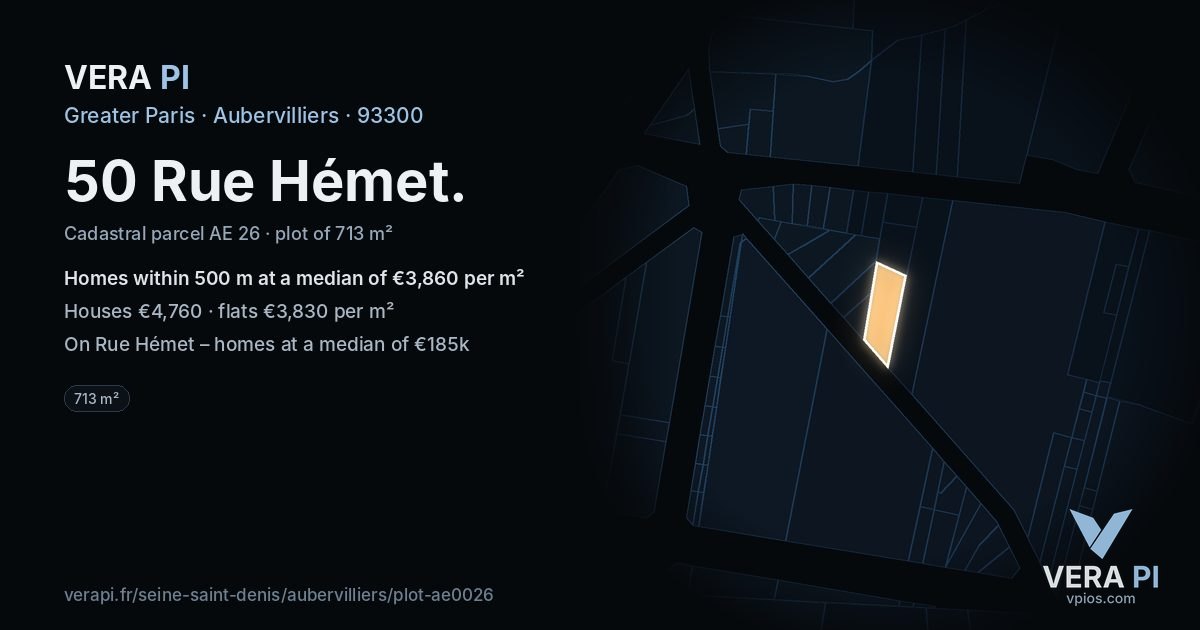 50 Rue Hémet, Aubervilliers at night – the plot lit, the parcels around coloured by the prices near them
