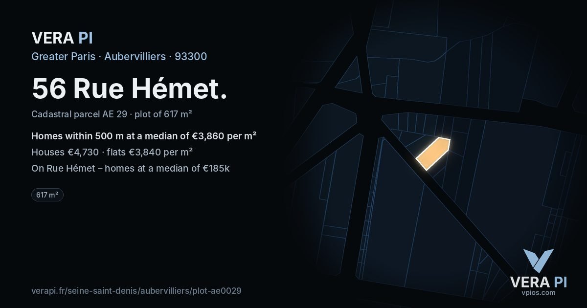 56 Rue Hémet, Aubervilliers at night – the plot lit, the parcels around coloured by the prices near them