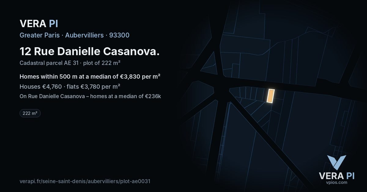 12 Rue Danielle Casanova, Aubervilliers at night – the plot lit, the parcels around coloured by the prices near them