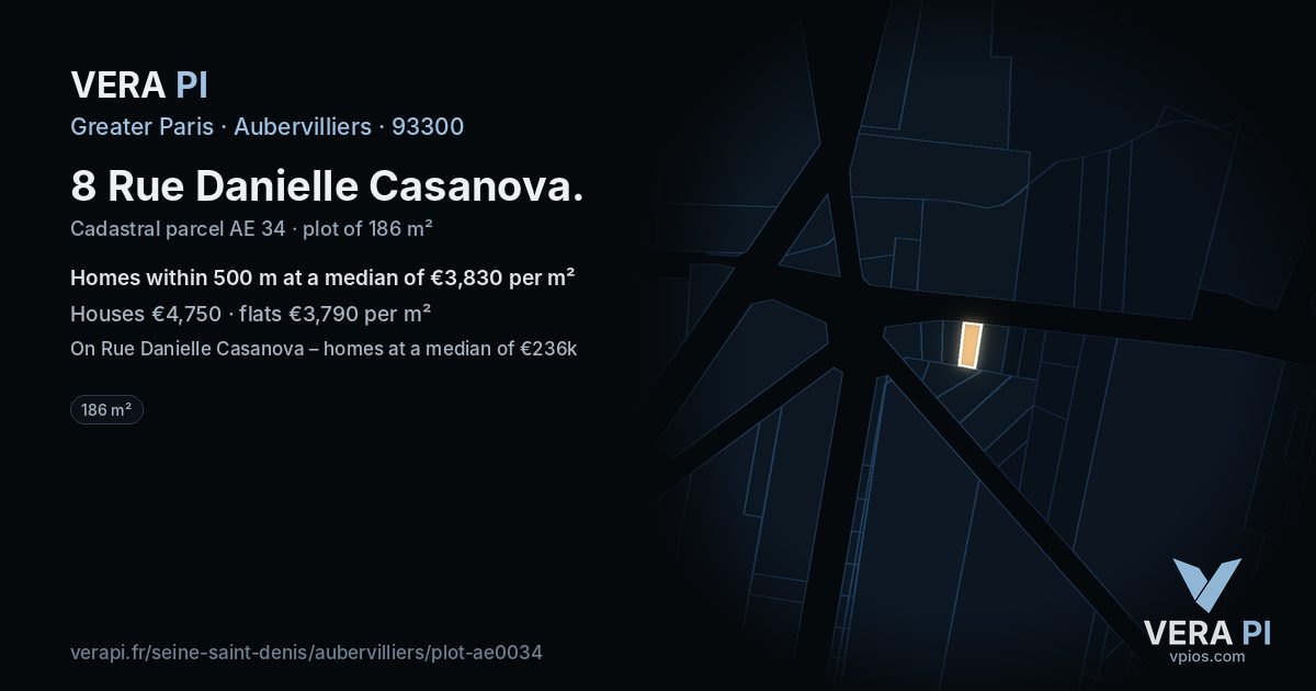 8 Rue Danielle Casanova, Aubervilliers at night – the plot lit, the parcels around coloured by the prices near them