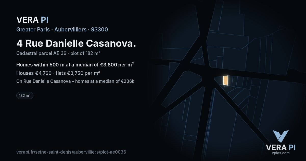 4 Rue Danielle Casanova, Aubervilliers at night – the plot lit, the parcels around coloured by the prices near them