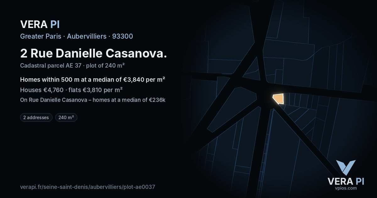 2 Rue Danielle Casanova, Aubervilliers at night – the plot lit, the parcels around coloured by the prices near them