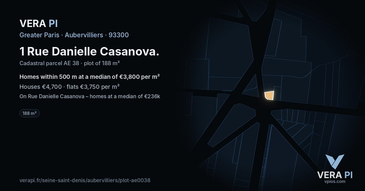 1 Rue Danielle Casanova, Aubervilliers at night – the plot lit, the parcels around coloured by the prices near them