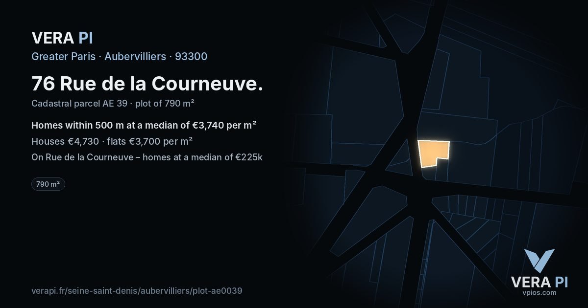 76 Rue de la Courneuve, Aubervilliers at night – the plot lit, the parcels around coloured by the prices near them