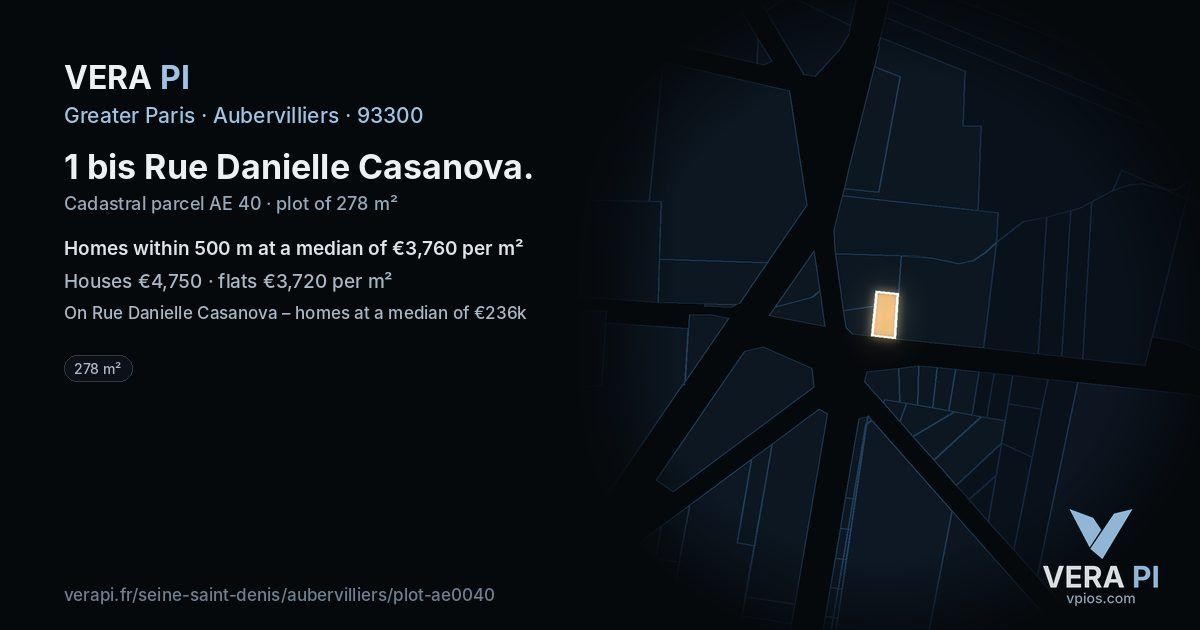 1 bis Rue Danielle Casanova, Aubervilliers at night – the plot lit, the parcels around coloured by the prices near them