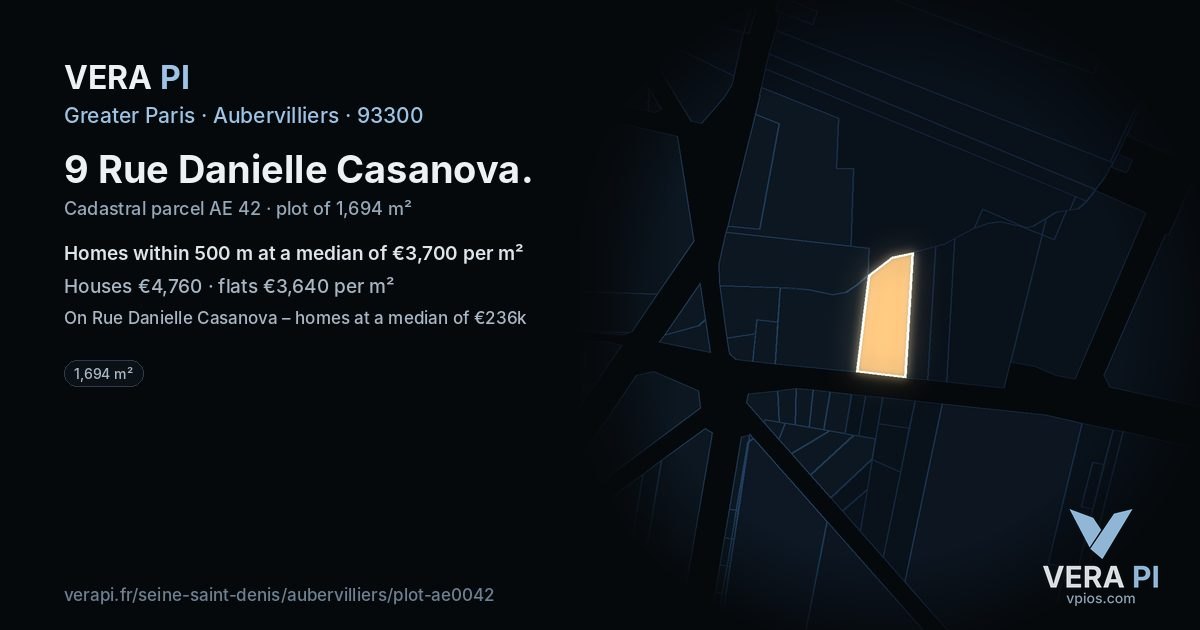 9 Rue Danielle Casanova, Aubervilliers at night – the plot lit, the parcels around coloured by the prices near them