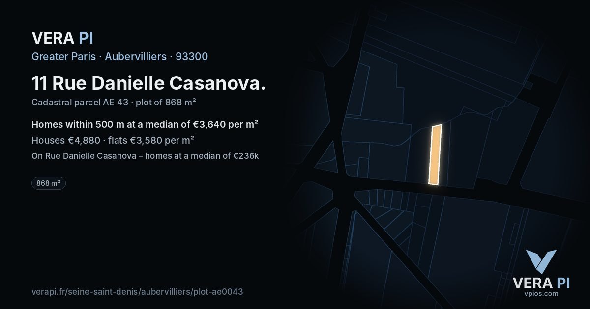 11 Rue Danielle Casanova, Aubervilliers at night – the plot lit, the parcels around coloured by the prices near them