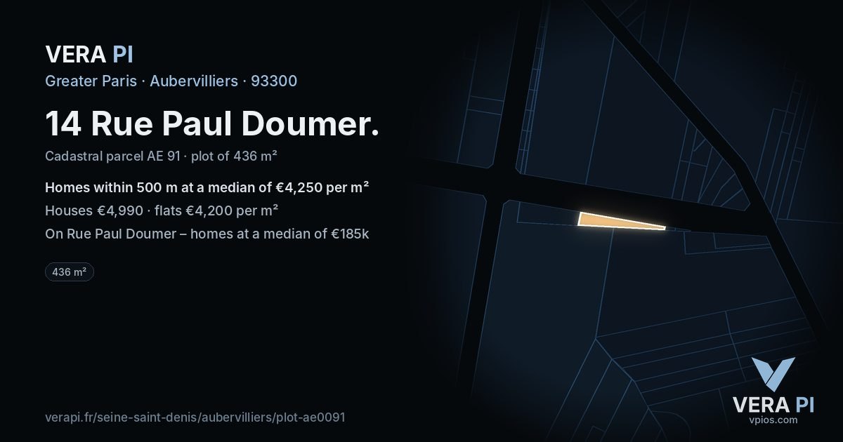 14 Rue Paul Doumer, Aubervilliers at night – the plot lit, the parcels around coloured by the prices near them