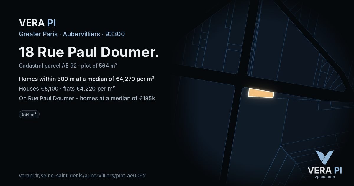 18 Rue Paul Doumer, Aubervilliers at night – the plot lit, the parcels around coloured by the prices near them