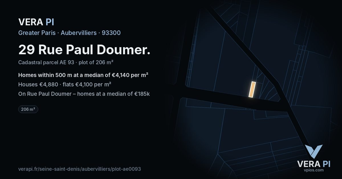 29 Rue Paul Doumer, Aubervilliers at night – the plot lit, the parcels around coloured by the prices near them